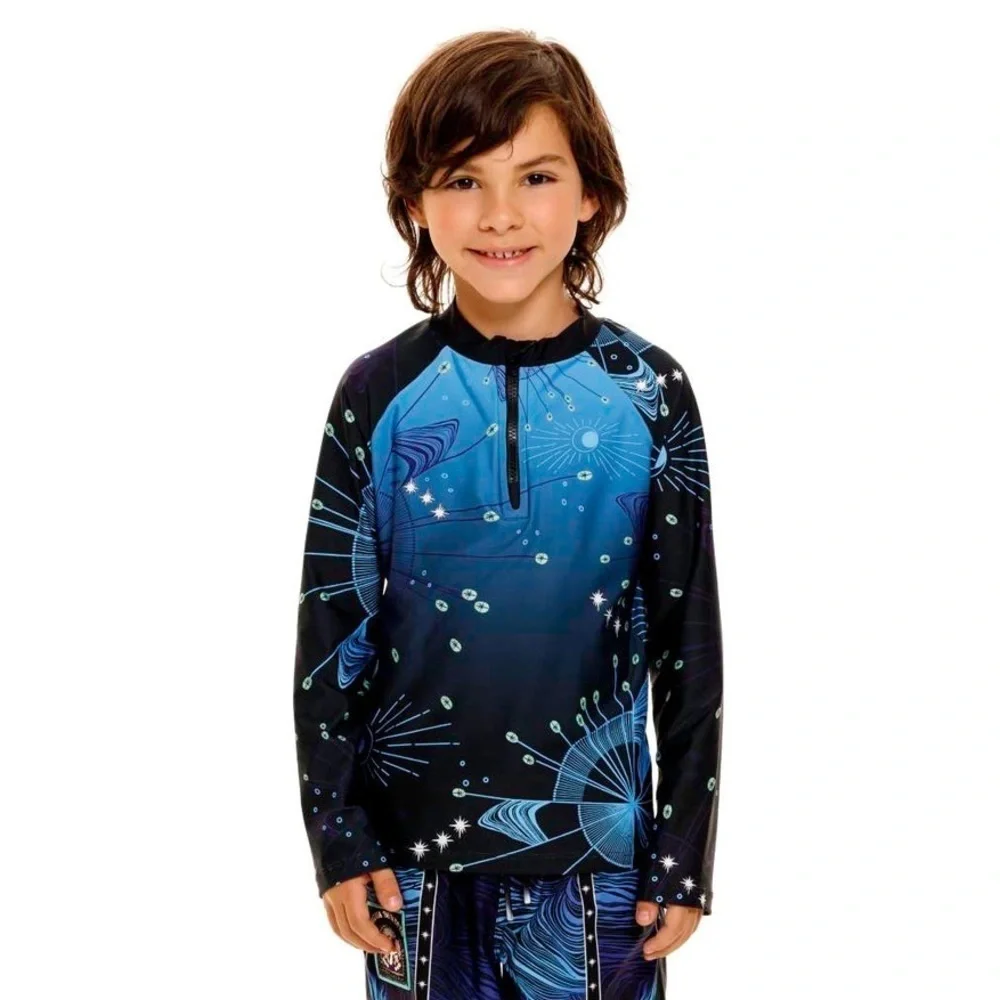 NWT Agua Bendita Noah Eter Celestial Rash Guard Blue Colorful Zipper Kids